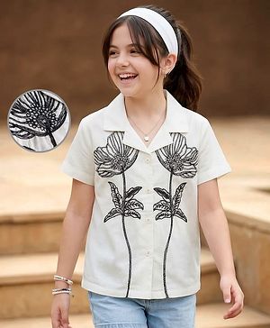 Pine Kids 100% Cotton Woven Half Sleeves Floral Embroidered Top - White
