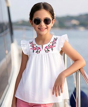 Pine Kids 100% Cotton Woven Frill Sleeves Floral Embroidered Top - White