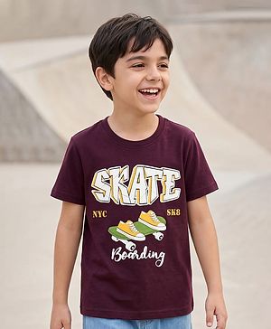 Pine Kids Cotton Knit Half Sleeves Skate Theme Printed T-Shirt -Wine