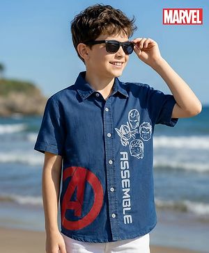Pine Kids Marvel Half Sleeves Denim Shirt with Avengers Graphic - Blue