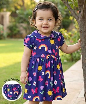Babyhug 100% Cotton Knit Half Sleeves Floral Butterfly & Rainbow Printed Frock With Bloomer - Navy Blue