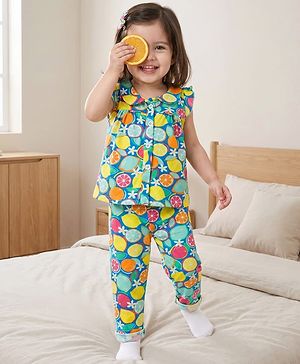 Babyhug Cotton Knit Frill Sleeves Co-ords Top & Pajama Night Suit with Tropical Theme Print - Multicolor