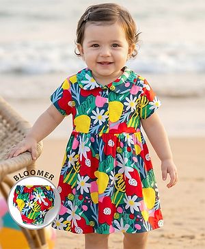 Babyhug Interlock Knit Half Sleeves Floral Printed Peter Pan Collared Frock with Bloomer - Navy Blue
