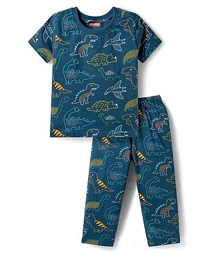 Babyhug Cotton Knit Half Sleeves Dino Printed T-Shirt & Pyjama Co-Ord Night Suit - Navy Blue