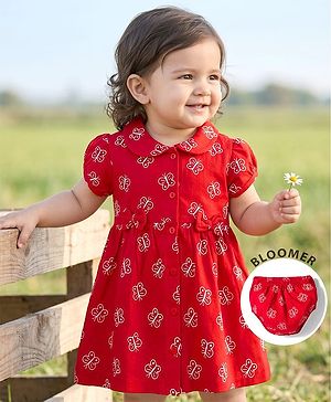 Babyhug Interlock Knit Half Sleeves Peter Pan Collared Butterfly Printed  Frock with Bloomer & Bow Applique - Maroon