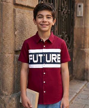 Pine Kids Cotton Woven Half Sleeves Shirt With Future Print - Maroon
