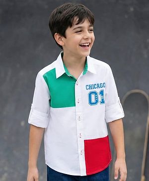 Pine Kids Cotton Woven Full Sleeves Cut & Sew Shirt with Chicago Print - White