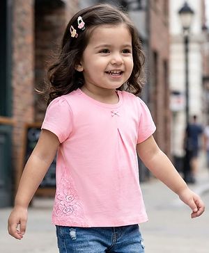 Babyhug 100% Cotton Knit Half Sleeves Top Lace Detailing - Pink