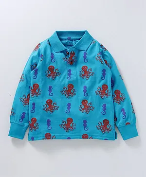 Kiddopanti Full Sleeves Polo Tee Octopus Print - Blue