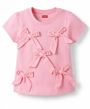 Babyhug Cotton Knit Half Sleeves Top
                              With Bow Applique & Pearls - Pink
