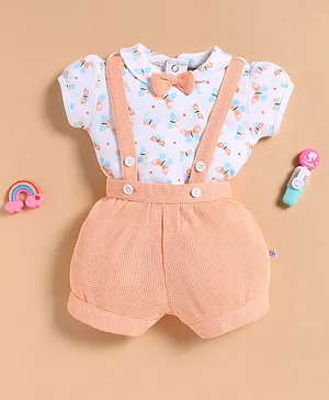 Wonderchild Half Puffed Sleeves Bow
                              Applique Detailed Butterfly Printed Tee
                              With Gallice Shorts Set - White &
                              Peach