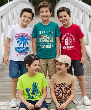 Pine Kids Cotton Knit Half Sleeves Beach Theme & Text Printed T-Shirts Pack Of 5 - Multicolour