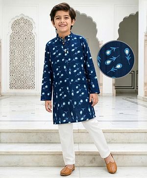 Pine Kids Cotton Woven Full Sleeves Kurta & Pyjama Set With Floral Print - Navy Blue