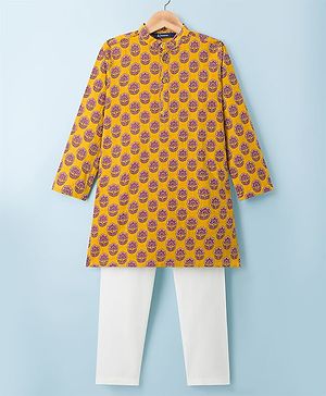 Pine Kids Cotton Woven Full Sleeves Kurta Pyjama Set With Floral Print - Mustard