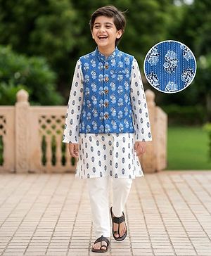 Pine Kids Cotton Woven Full Sleeves Kurta Pyjama Set With Floral Print & Nehru Jacket - White