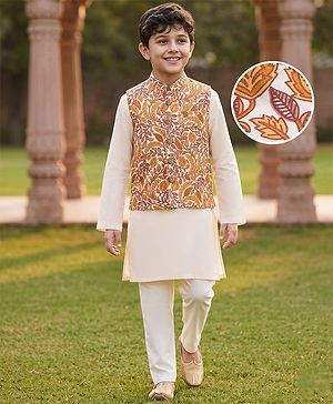 Pine Kids Cotton Woven Full Sleeves Kurta Pyjama Set With Floral Printed Nehru Jacket - Mustard