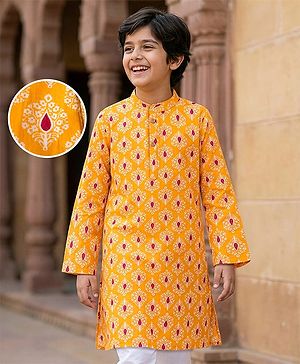 Pine Kids Cotton Woven Full Sleeves Kurta With Floral Print - Rust