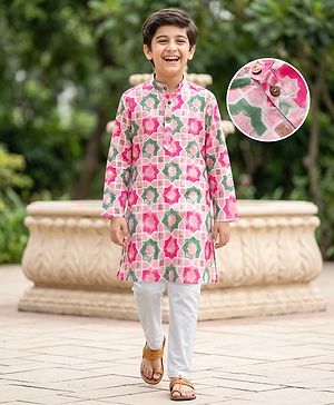 Pine Kids 100% Cotton Woven Full Sleeves Floral Printed Kurta & Pyjama Set - Multicolour