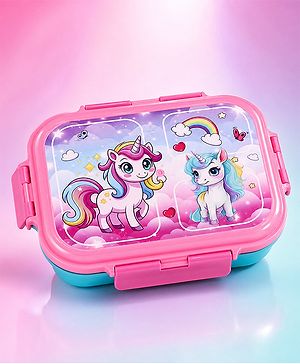 Babyhug Unicorn Print 3 Compartment Stainless Steel Big Size Lunch box|Airtight|BPA Free|100% Food Grade|Reusable|Recyclable|Perfect for School, Travel & Outdoors|575 ml- Pink