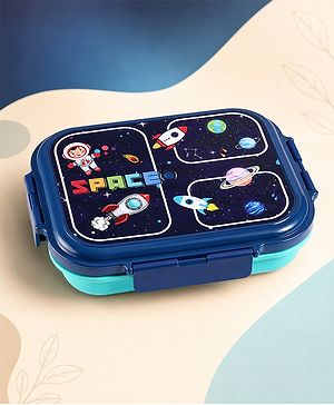 Babyhug Space Print 3 Compartment Stainless Steel Big Size Lunch box|Airtight|BPA Free|100% Food Grade|Reusable|Recyclable|Perfect for School, Travel & Outdoors|575 ml- Blue
