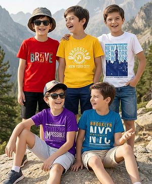 Pine Kids Cotton Knit Half Sleeves Text Printed T-Shirts Pack Of 5 - Multicolour