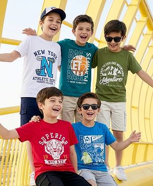 Pine Kids Cotton Knit Half Sleeves Tiger & Text Printed T-Shirts Pack Of 5 - Multicolour