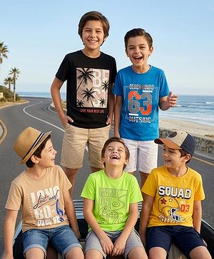 Pine Kids Cotton Knit Half Sleeves beach Theme & Text Printed T-Shirts Pack Of 5 - Multicolour