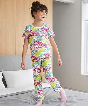 Pine Kids Cotton Knit Half Sleeves Printed Top & Pyjama Co-ord Night Suit - White