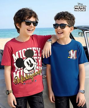 Pine Kids Disney Single Jersey Knit Half Sleeves T-Shirts with Mickey Mouse Graphic Pack of 2 - Navy Blue & Red