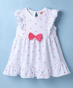 Babyhug 100% Cotton Knit Sleeveless Polka Dots Printed Frock With Bow Applique - White