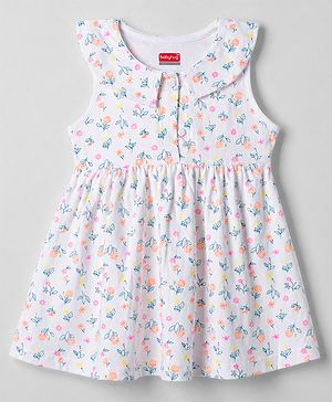 Babyhug Single Jersey Knit Sleeveless Frock with Floral Print - White