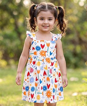 Babyhug Cotton Knit One Piece Dresses/Frocks with Ruffle Sleeves and All Over Prints Yellow 3-6 Months