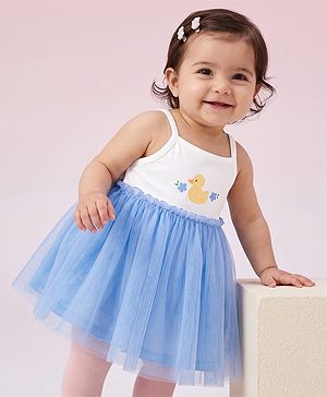 Babyhug Mesh Knit Sleeveless Frock With Duck Print - Light Blue
