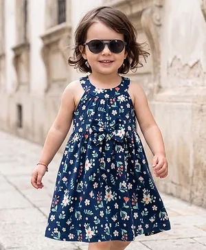 Babyhug Single Jersey Knit
                                  Sleeveless Frock With Floral Print
                                  & Bow Applique - Navy Blue