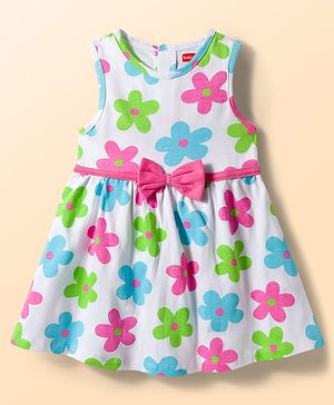 Babyhug Single Jersey Knit Sleeveless Frock With Floral Print & Bow Applique - White