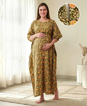 Bella Mama Cotton Woven Half Sleeves
                              Maternity Nursing Kaftan with Floral Print
                              - Green