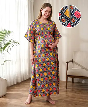 Bella Mama Cotton Woven Half Sleeves
                              Printed Maternity Nursing Kaftan - Blue