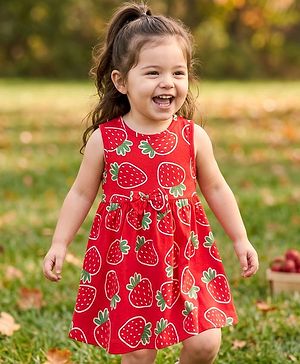 Babyhug Single Jersey Knit Sleeveless Frock With Strawberry Print & Bow Applique - Red