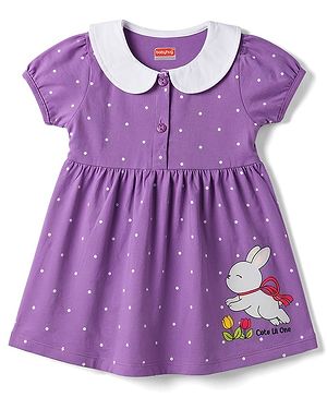 Babyhug Cotton Knit One Piece Dress with Peter Pan Collar and Polka Dot & Bunny Print Purple 3-6 Months