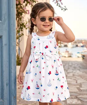 Babyhug Cotton Knit One Piece
                                  Dresses/Frocks Sleeveless with Sailor
                                  Print White 18-24 Months