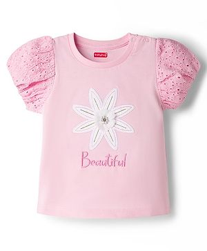Babyhug Cotton Knit T-Shirt with Graphics, Schiffli and Embroidery Detailing Pink 9-12 Months