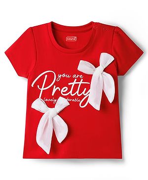 Babyhug Cotton Knit Half Sleeves T-Shirt with Text Print & Bow Applique - Red