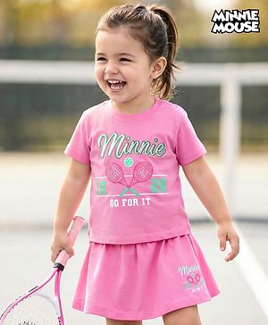 Babyhug Disney 100% Cotton Knit Half Sleeves Top & Skirt Set With Minnie Mouse Graphics & Embroidery - Pink