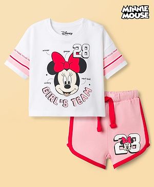 Babyhug Disney Single Jersey Knit Drop Shoulder Half Sleeves T-Shirt & Shorts Set with Minnie Mouse Graphic - Multicolor