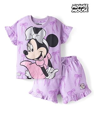Babyhug Disney Single Jersey Knit Half Sleeves T-Shirt & Shorts Set with Minnie Mouse Graphics - Lavender