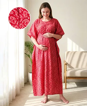Bella Mama Cotton Woven Half Sleeves
                              Printed Maternity Nursing Kaftan - Red