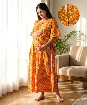 Bella Mama Cotton Woven Half Sleeves
                              Maternity Nursing Kaftan with Floral Print
                              - Mustard