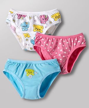 Babyhug 100% Cotton Knit Panties with Heart & Bear Print  Pack of 3 - Blue Pink & White