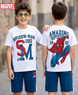 Pine Kids Marvel Single Jersey Knit Half Sleeves T-Shirt & Shorts Set with Spiderman Graphics - White & Blue
