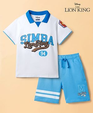 Pine Kids Disney Single Jersey Knit Raglan Half Sleeves Polo T-Shirt with Lion King Graphics - White & Blue